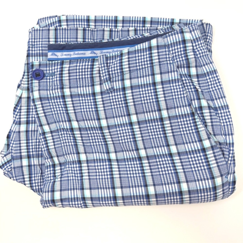 Tommy‎ Bahama Mens Size 36 Blue Plaid Stretch Casual Shorts Marlin Logo